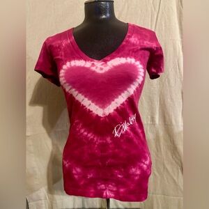 Vintage Billabong Hot Pink Heart Tie-Dye V-Neck XS T-Shirt